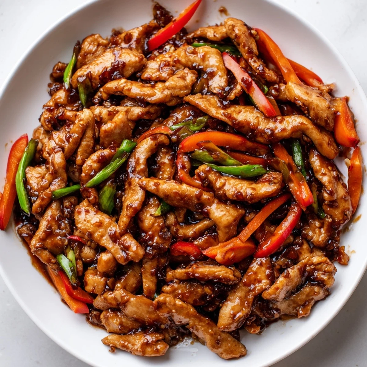 Glossy stir-fried Chinese garlic chicken with vibrant bell peppers and savory sauce