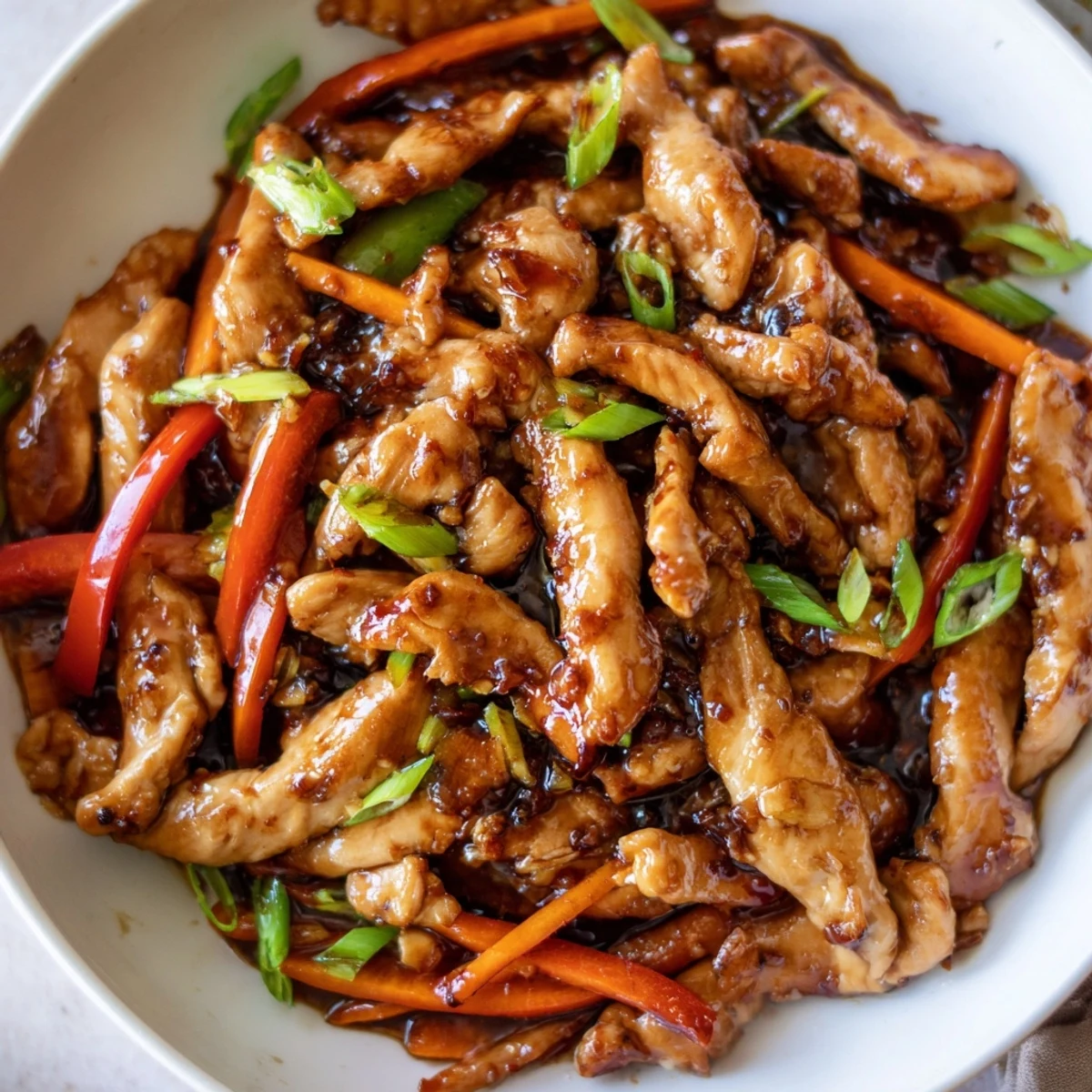 Tender stir-fried Chinese garlic chicken tossed with crisp vegetables in garlic sauce