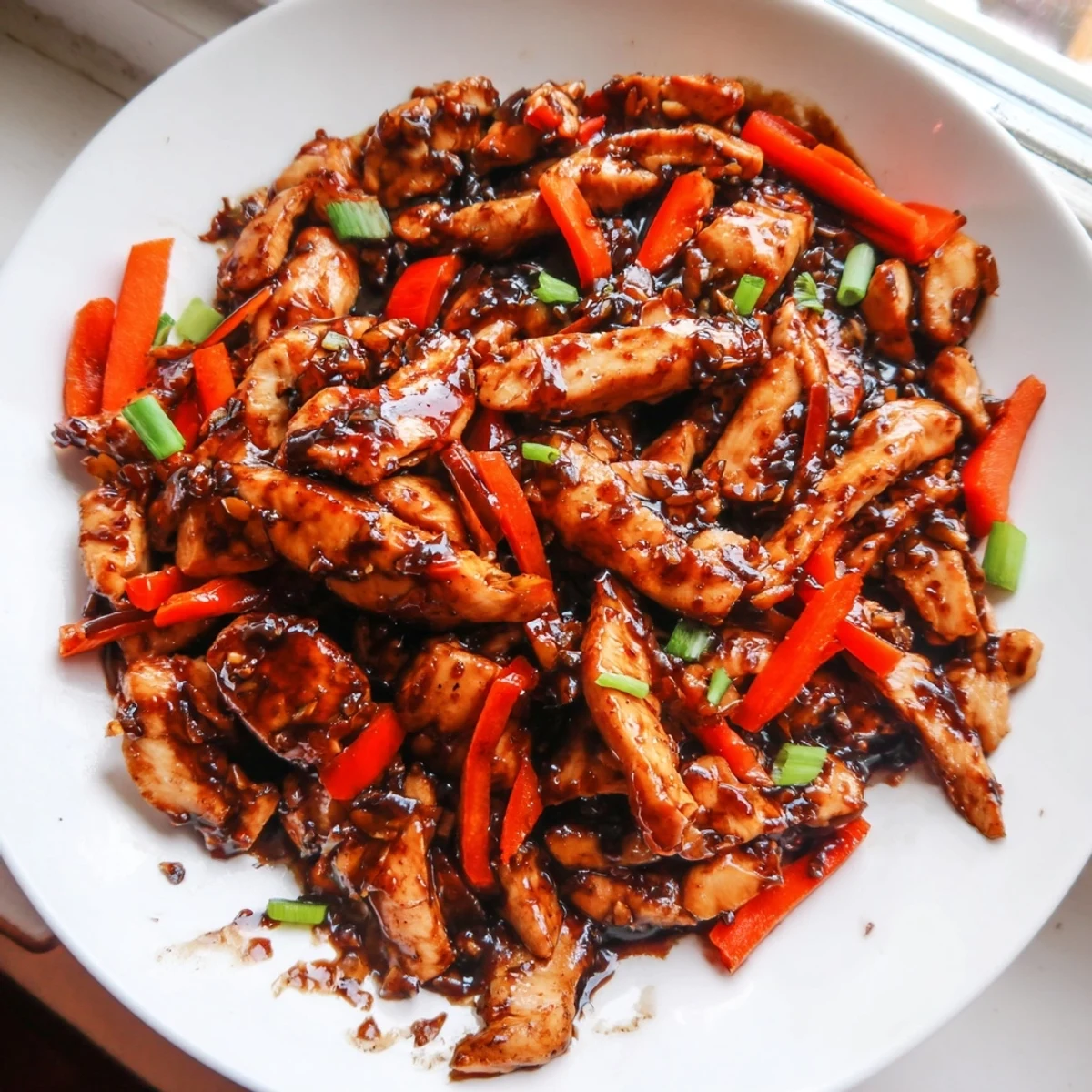 Golden stir-fried Chinese garlic chicken plated over steamed rice with fresh scallions