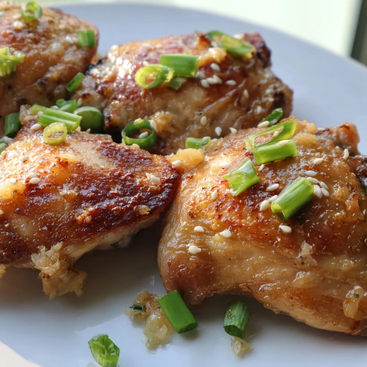 Golden ginger garlic chicken thighs glistening with sticky glaze fresh from the oven