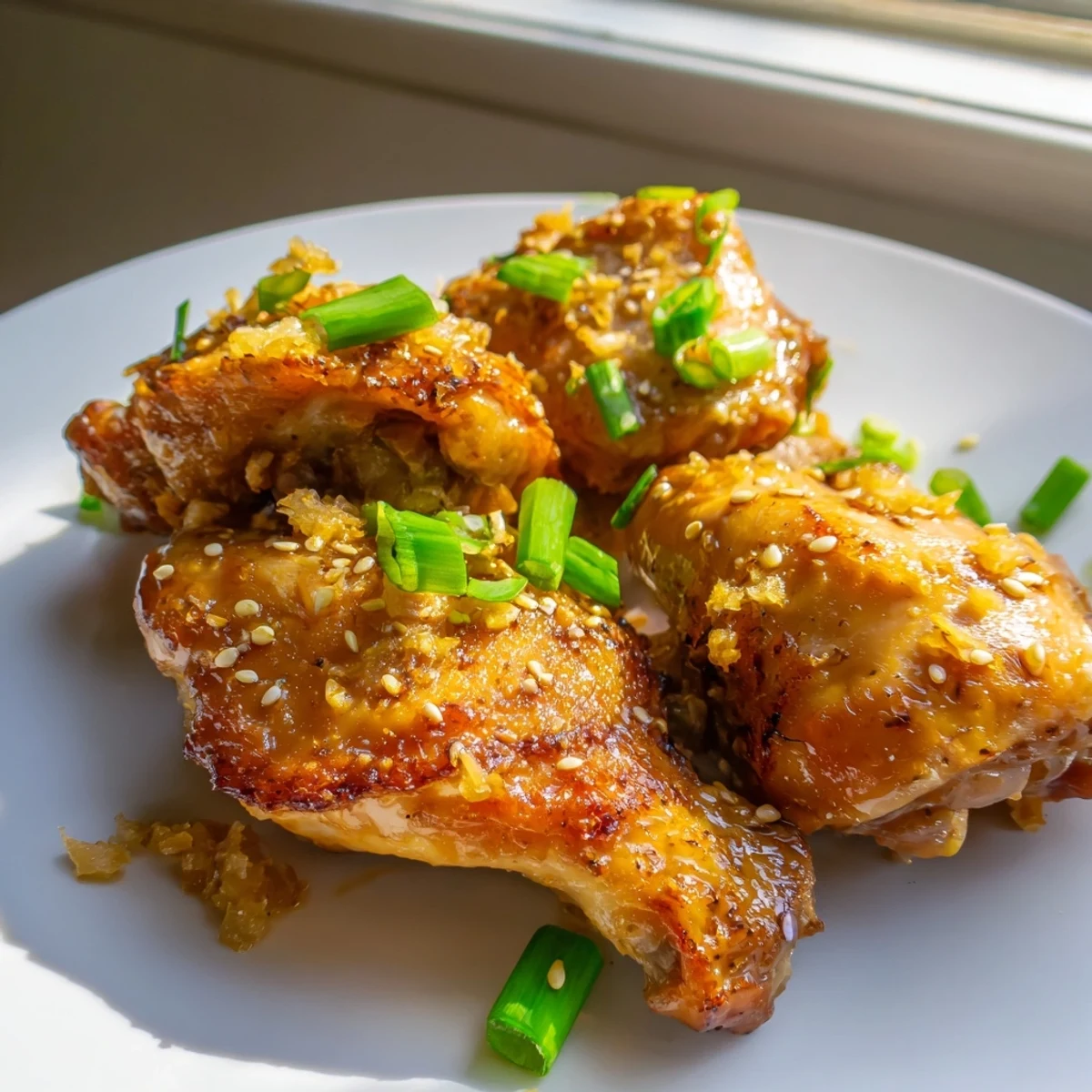 Crispy-skinned ginger garlic chicken thighs drizzled with honey soy marinade on a baking dish