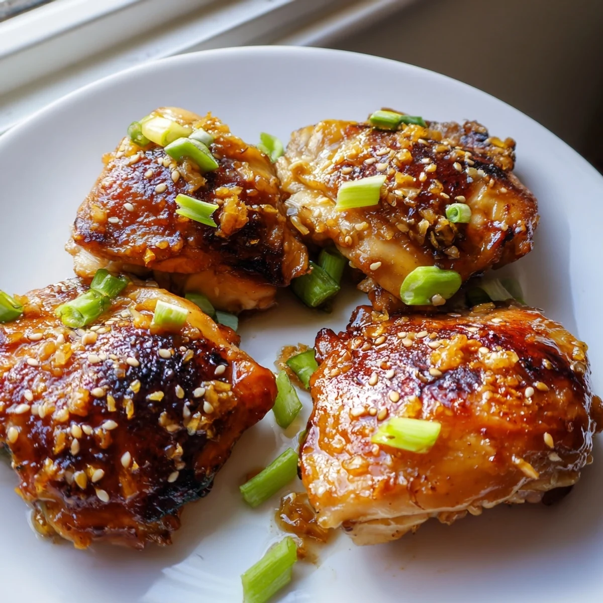 Juicy ginger garlic chicken thighs topped with green onions and sesame seeds ready to serve