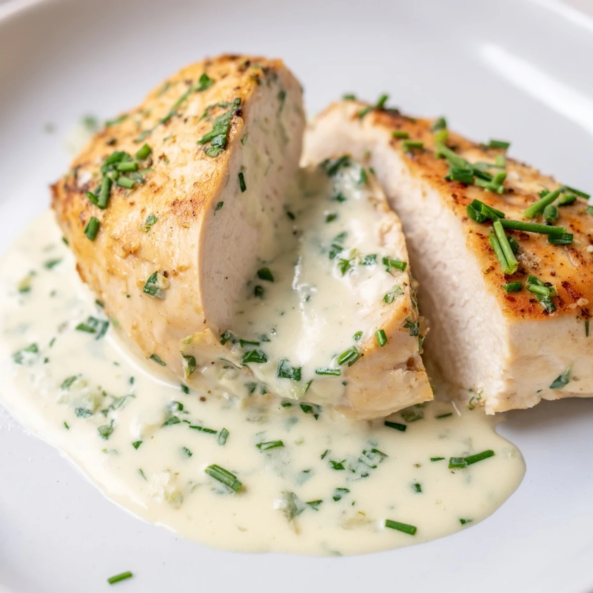 Creamy Boursin sauce with garlic and fine herbs drizzled over golden pan-seared chicken breast