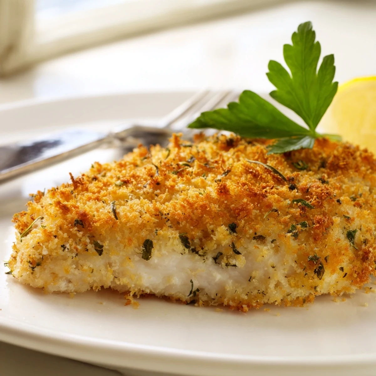 Golden crispy Savory Herbed Parmesan Chicken plated with fresh parsley and lemon wedges