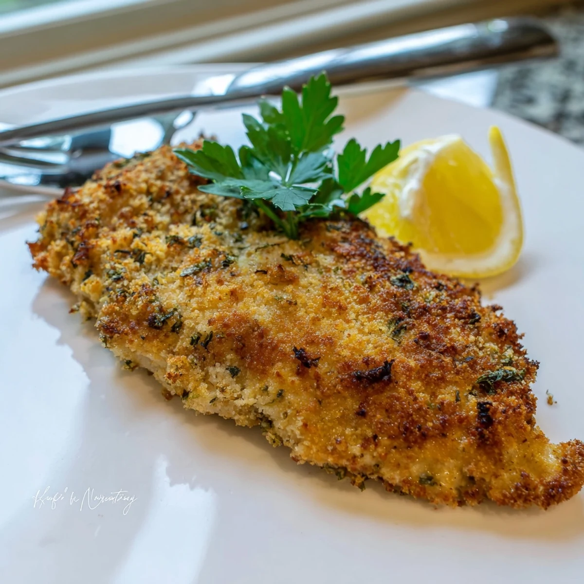 Juicy Savory Herbed Parmesan Chicken sliced open revealing tender meat alongside roasted vegetables