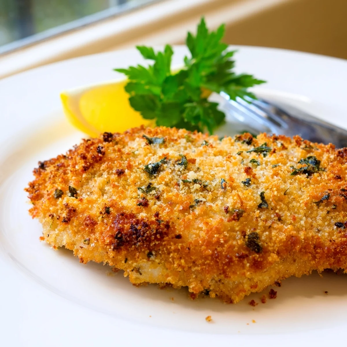 Savory Herbed Parmesan Chicken fresh from the oven with a crunchy Parmesan crust