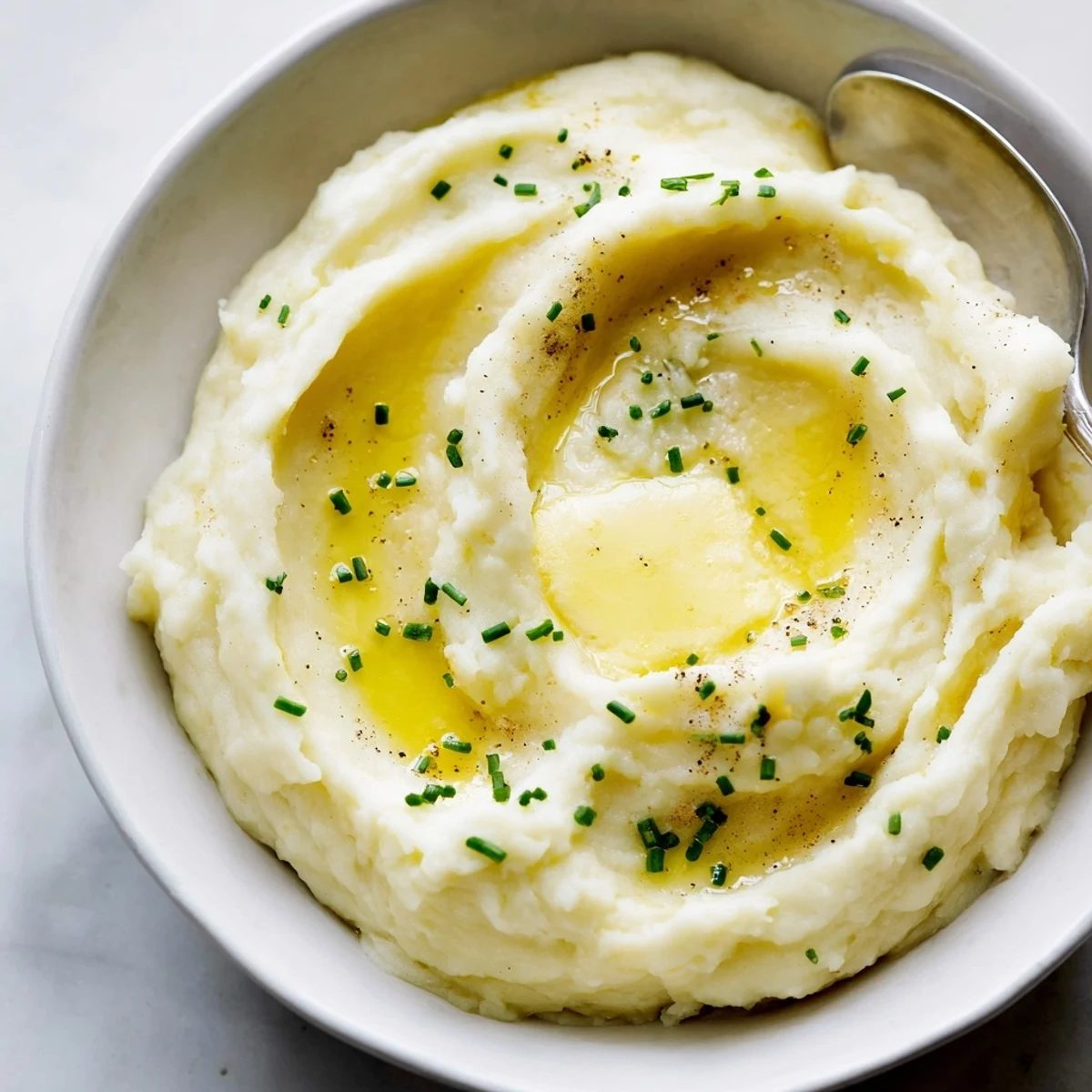 Creamy velvety mashed potatoes piled in a bowl with melted butter pooling on top