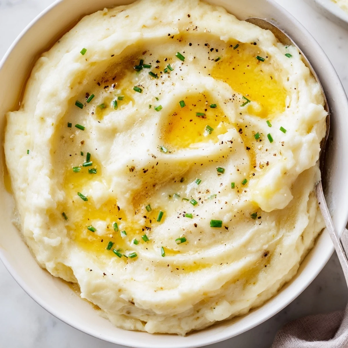 Smooth velvety mashed potatoes served alongside roasted meat with a golden butter finish