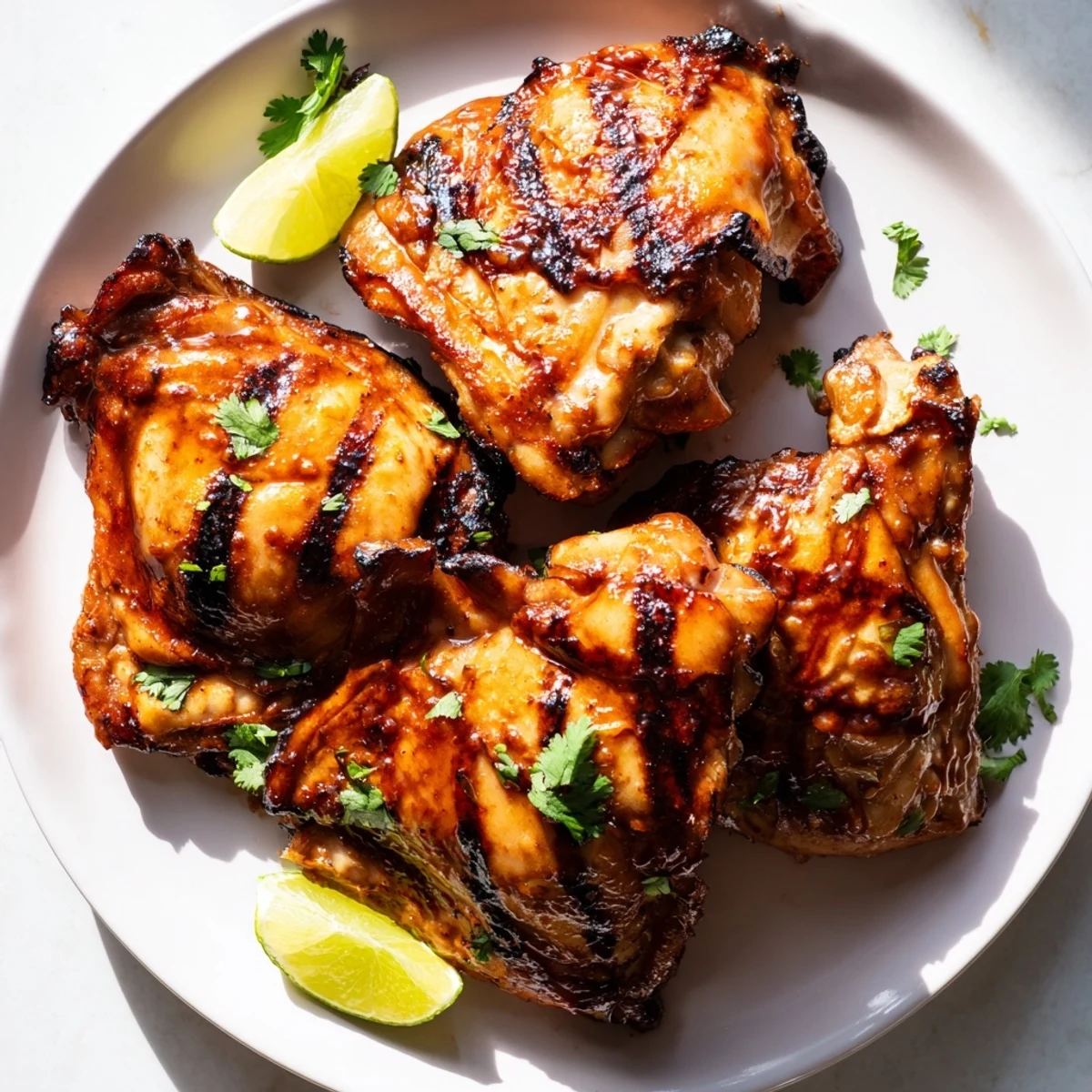 Crispy sweet n spicy grilled chicken thighs with caramelized honey glaze on a smoky grill plate