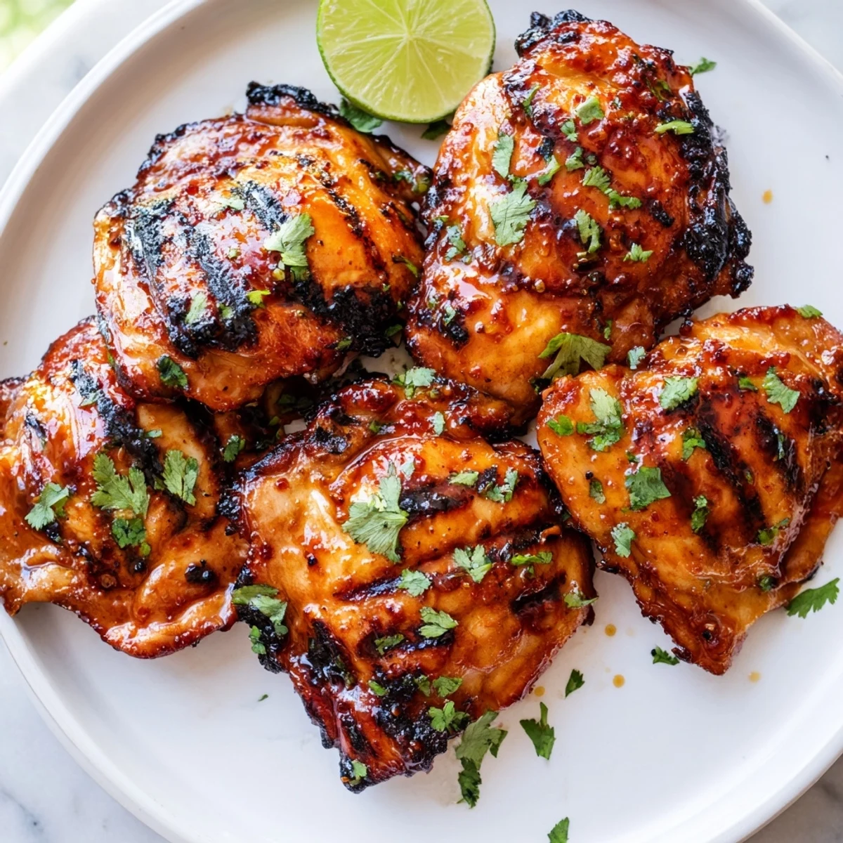 Juicy sweet n spicy grilled chicken thighs garnished with fresh cilantro and lime wedges