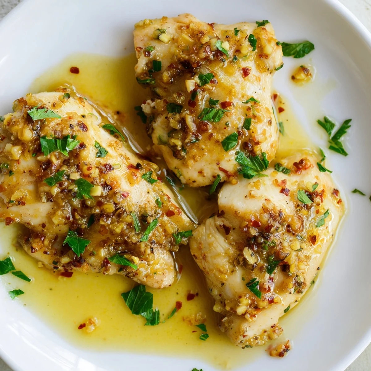 Golden garlic butter baked chicken breast resting in a savory herb sauce with fresh parsley