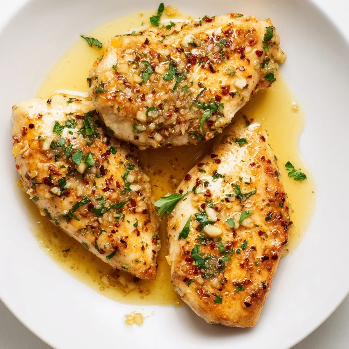 Juicy garlic butter baked chicken breast sliced open revealing tender meat drizzled with buttery pan juices