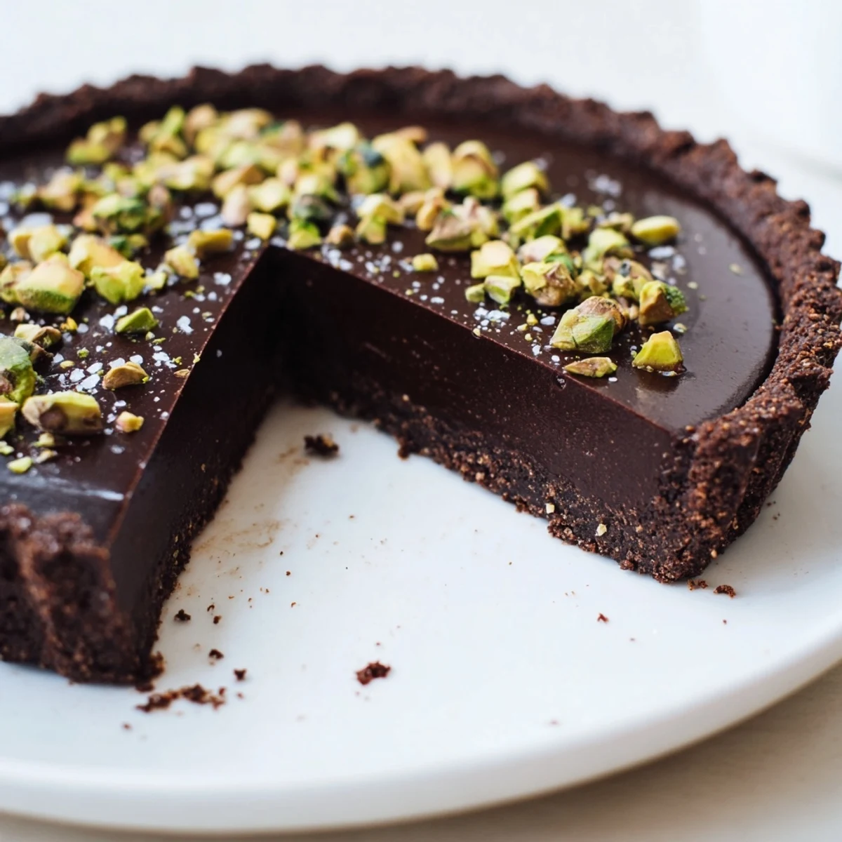 Glossy Dark Chocolate Pistachio Tart topped with vibrant green nuts and flaky salt