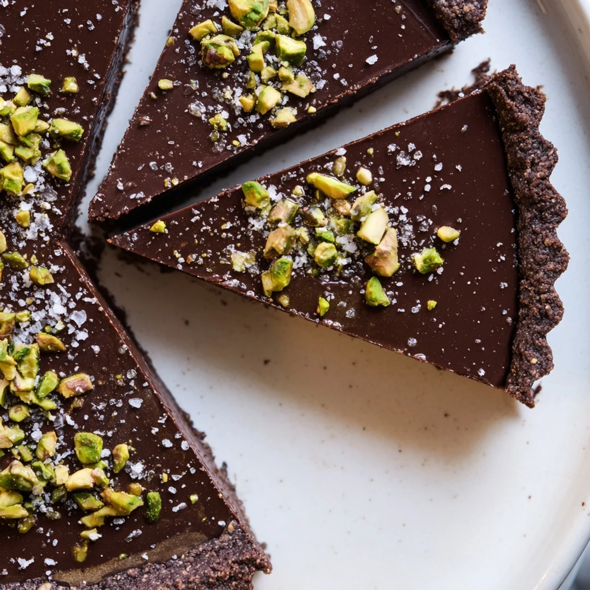 Creamy Dark Chocolate Pistachio Tart served on a white plate with whipped cream