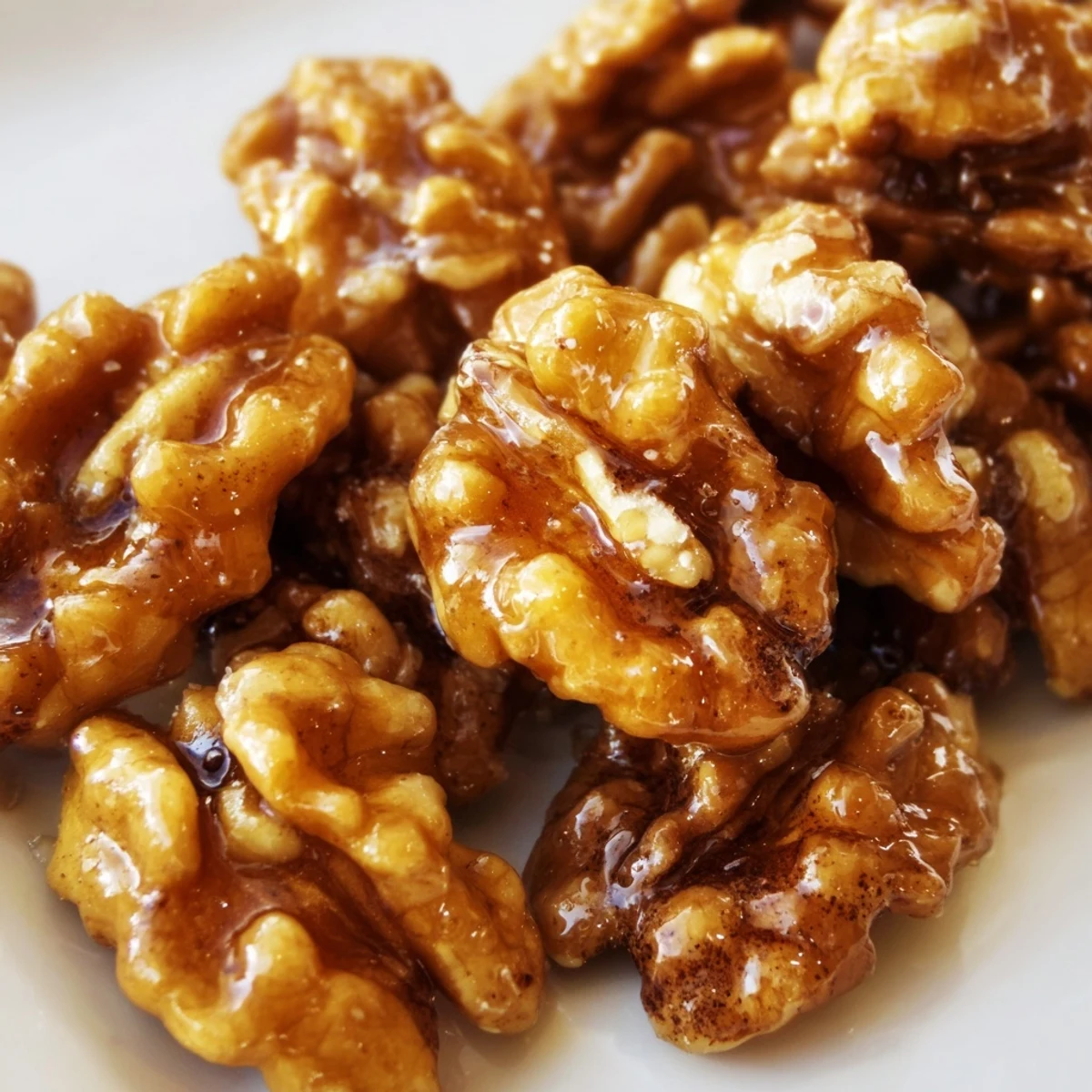 Glossy maple cinnamon walnuts clustered on parchment, radiating warm golden-brown caramelized color