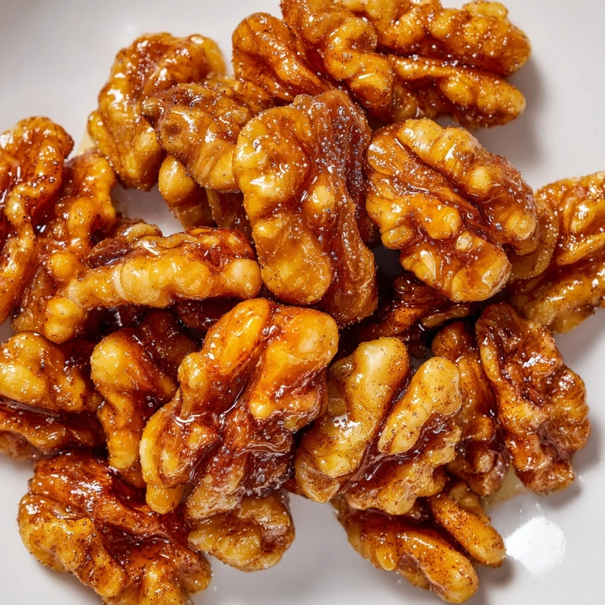 Freshly baked maple cinnamon walnuts glistening with a sweet cinnamon-scented maple syrup coating