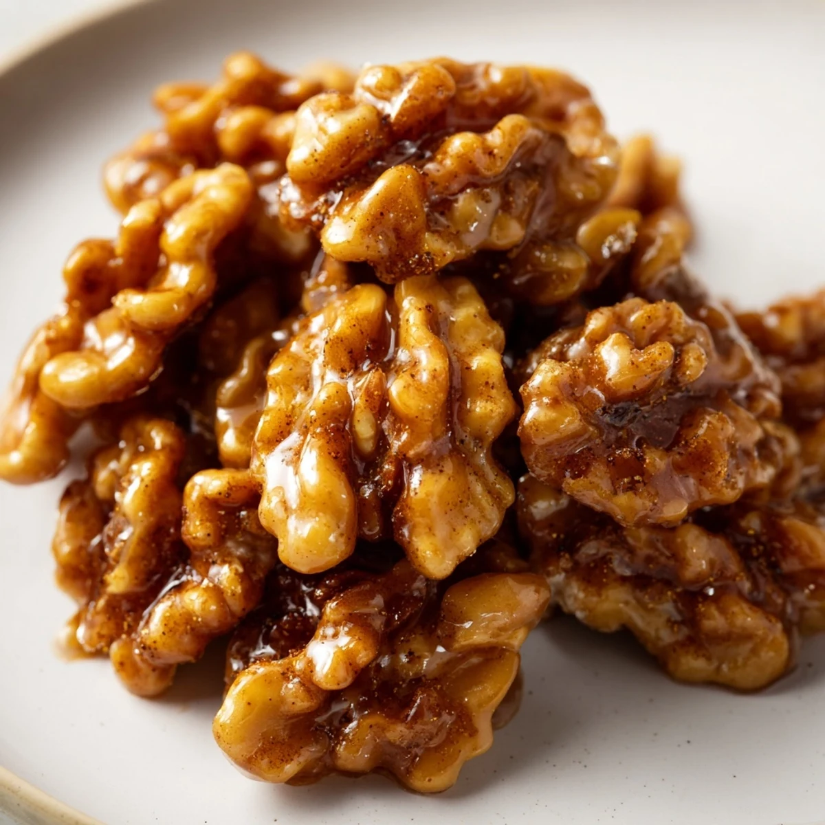 Crunchy maple cinnamon walnuts piled in a rustic bowl, coated in sticky spiced glaze
