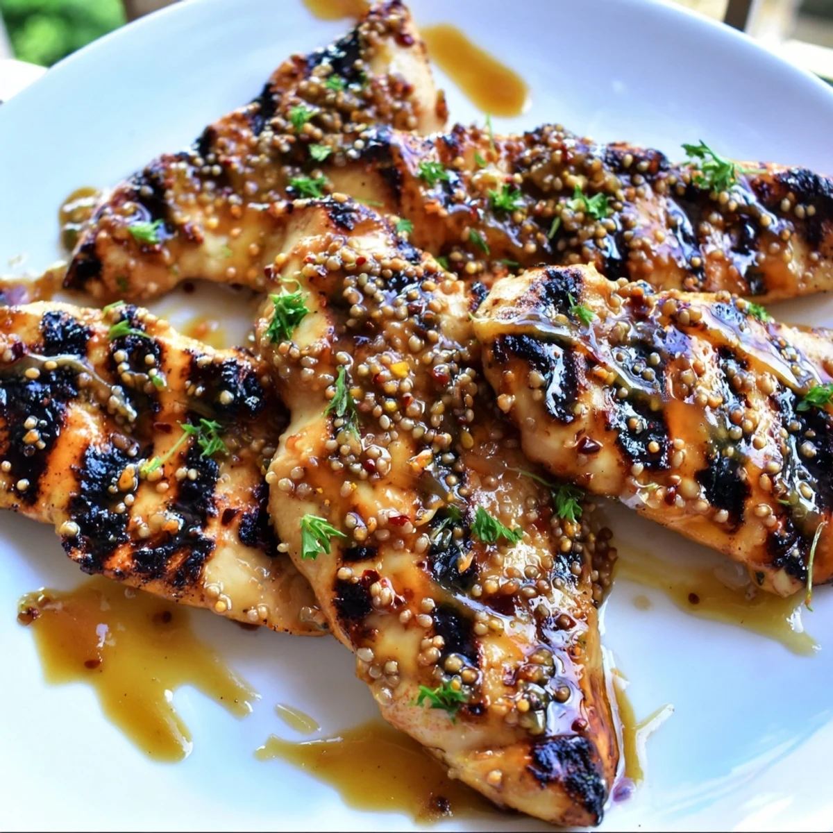 Golden grilled honey mustard chicken with charred marks resting on a rustic wooden cutting board