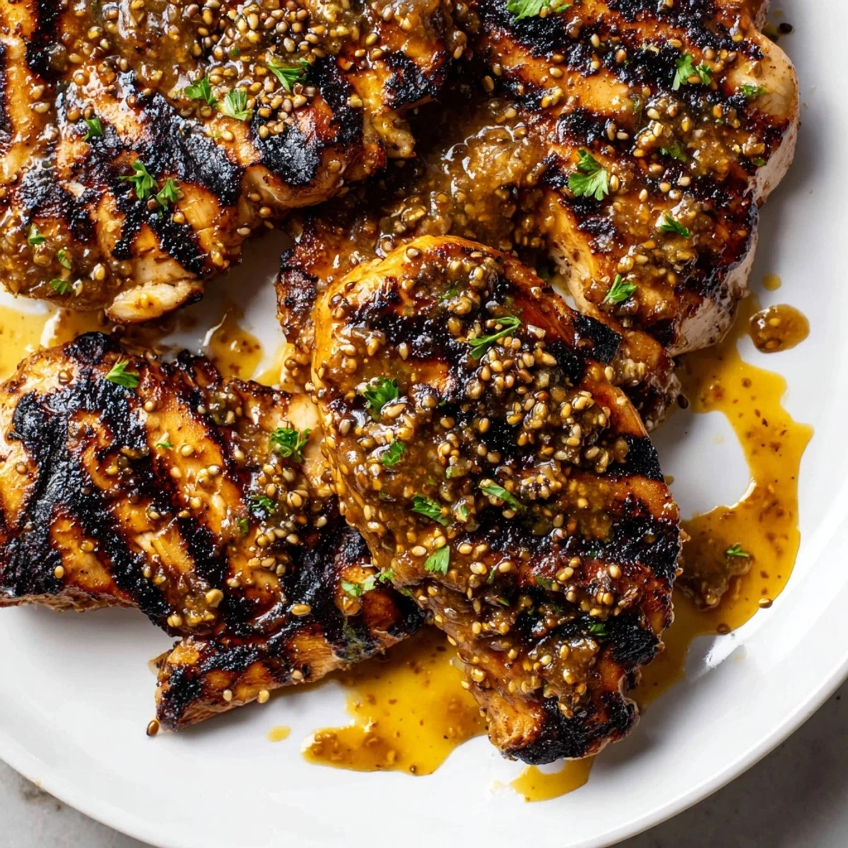 Juicy honey mustard grilled chicken sliced open revealing tender meat drizzled with glossy amber glaze