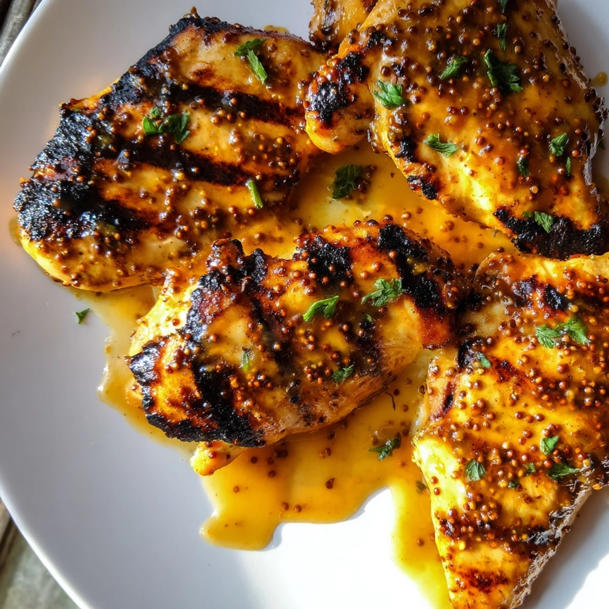 Smoky grilled honey mustard chicken breasts garnished with fresh parsley served alongside grilled summer vegetables
