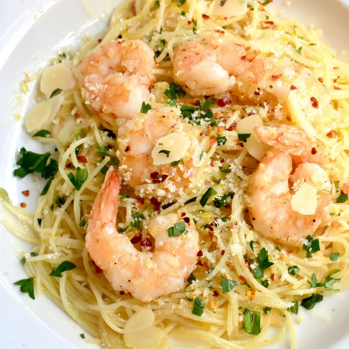 Garlic butter shrimp angel hair pasta tossed in a silky lemon white wine sauce