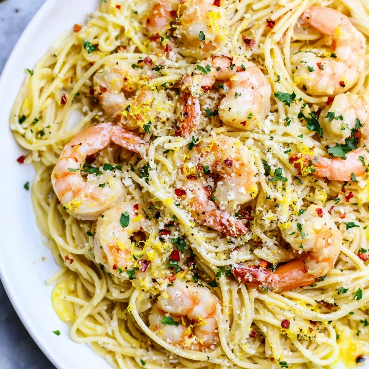 Succulent shrimp nestled in delicate angel hair pasta with golden garlic butter and fresh parsley
