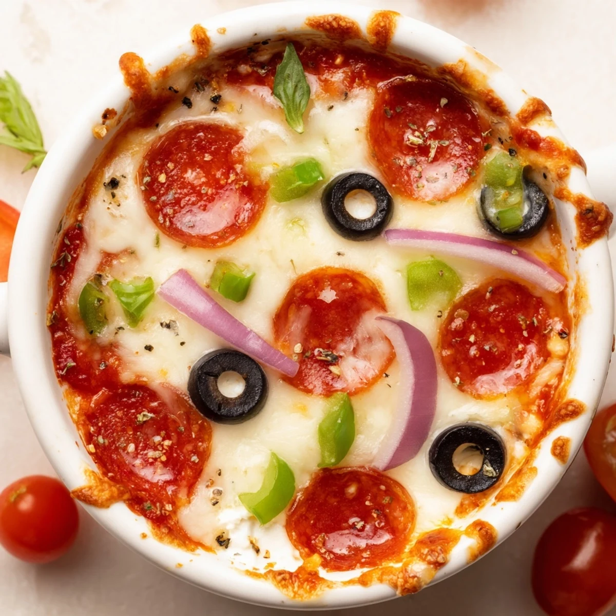 Golden baked cottage cheese pizza bowl with bubbling mozzarella and fresh basil garnish