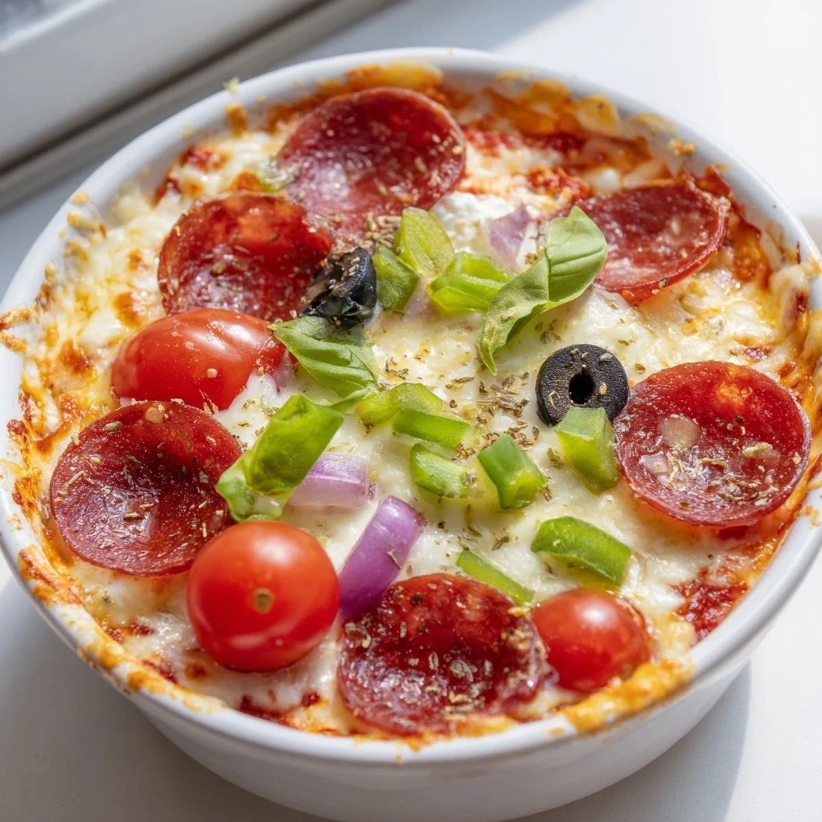 Creamy cottage cheese pizza bowl topped with pepperoni tomatoes and melted cheese