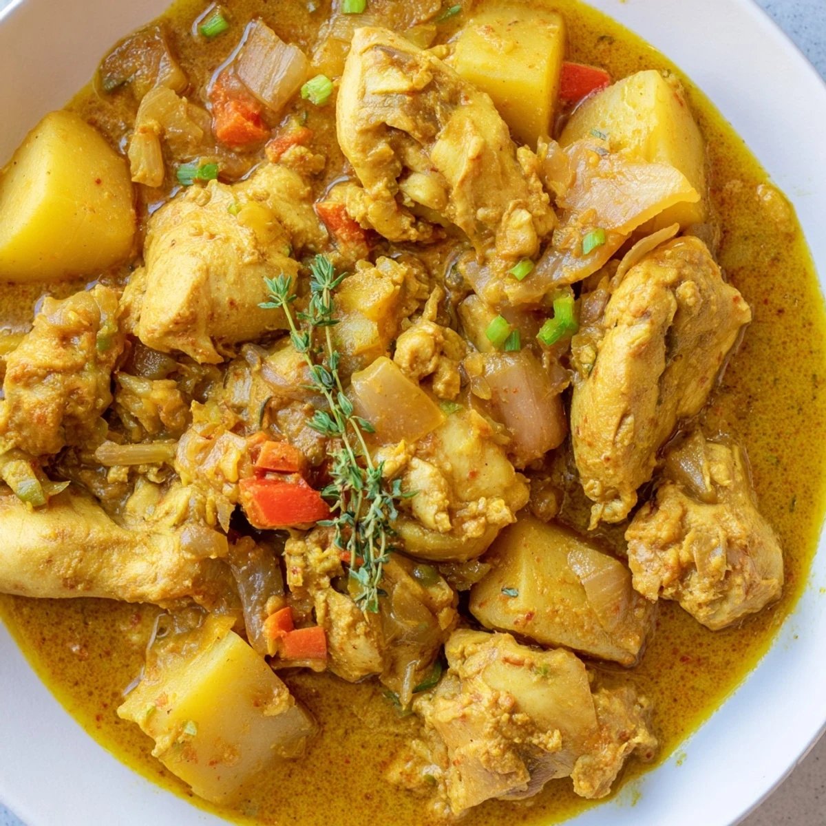 Authentic Jamaican Curry Chicken simmering in a rich golden sauce with tender potatoes and fresh herbs
