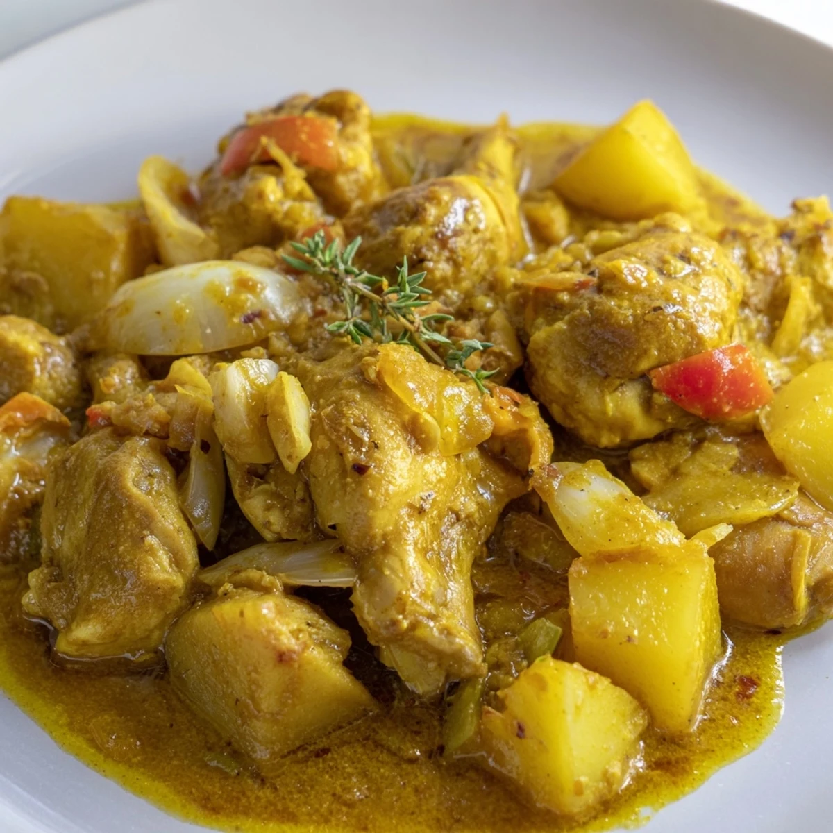 Warm bowl of Authentic Jamaican Curry Chicken served over fluffy white rice with scallions