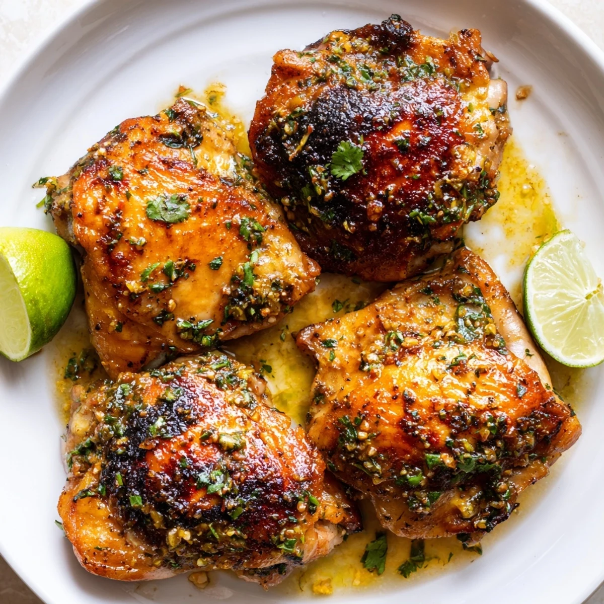 Golden Cuban Mojo Chicken Thighs with crispy skin on a rustic baking sheet