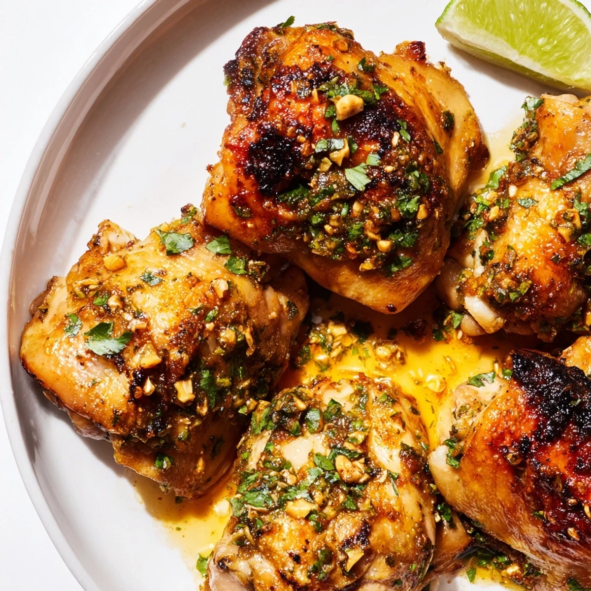 Juicy Cuban Mojo Chicken Thighs garnished with fresh cilantro and lime wedges