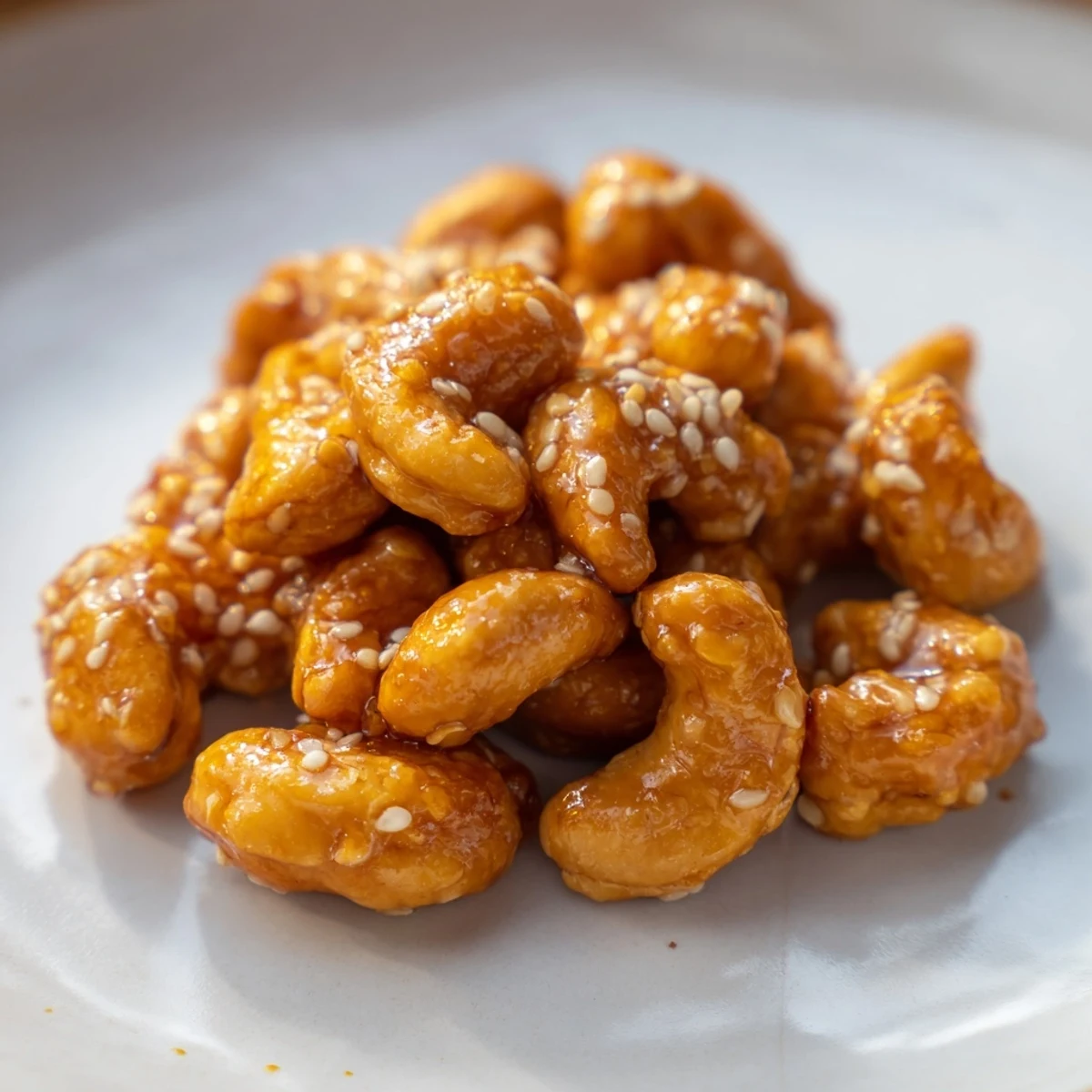 Golden honey sesame cashews glistening with a sticky glaze on parchment paper