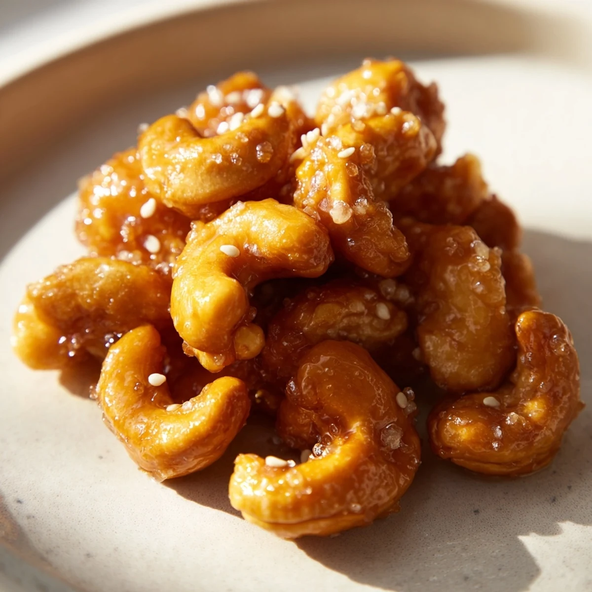 Crunchy honey sesame cashews piled in a rustic ceramic serving bowl