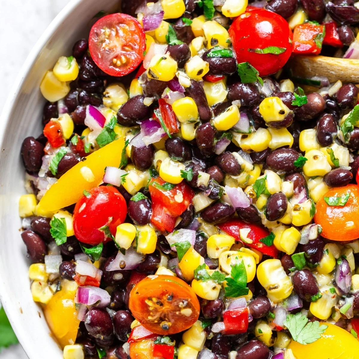 Cowboy Caviar scooped up with crispy tortilla chips at a sunny backyard party