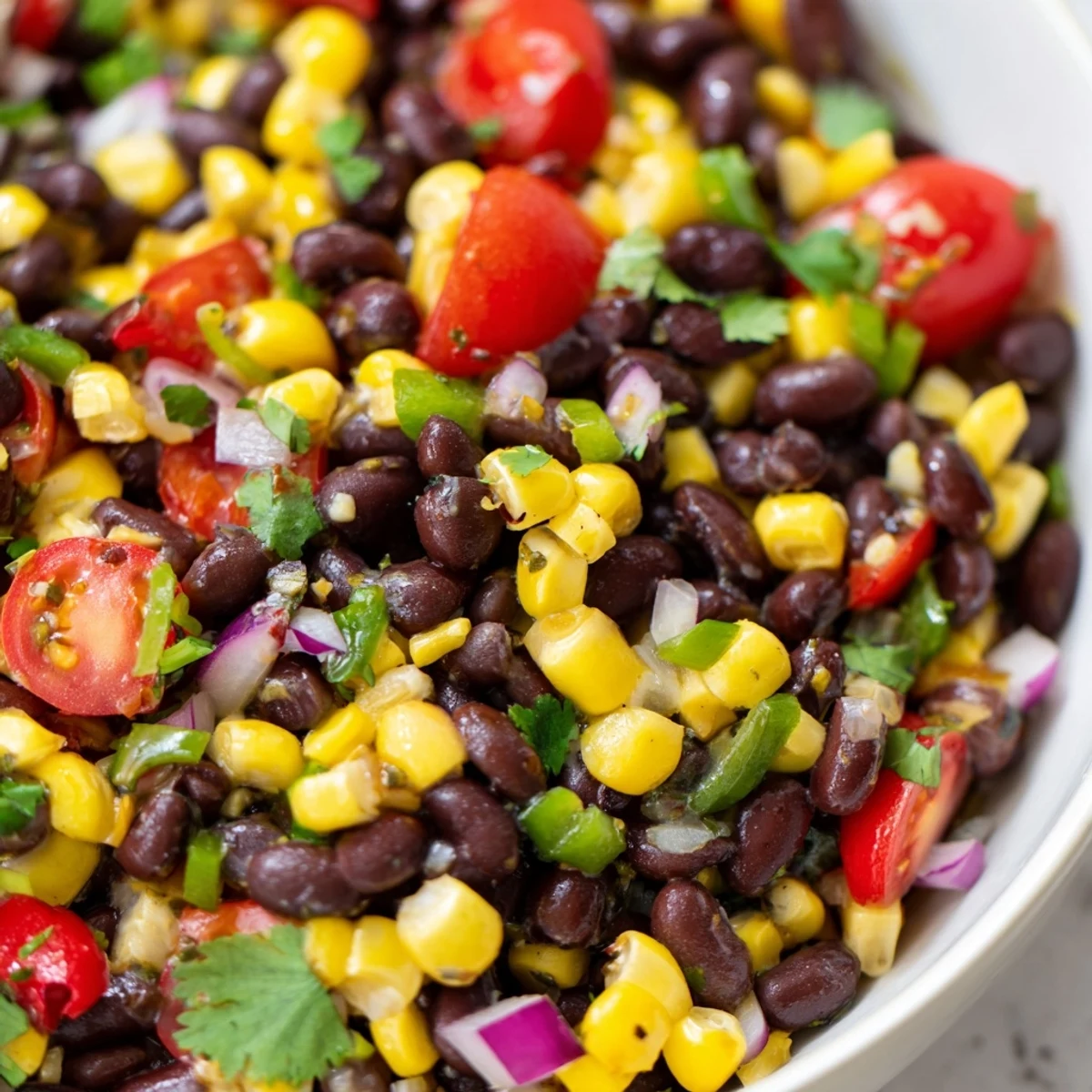 Colorful Cowboy Caviar in a rustic bowl, dotted with black beans and bright tomatoes