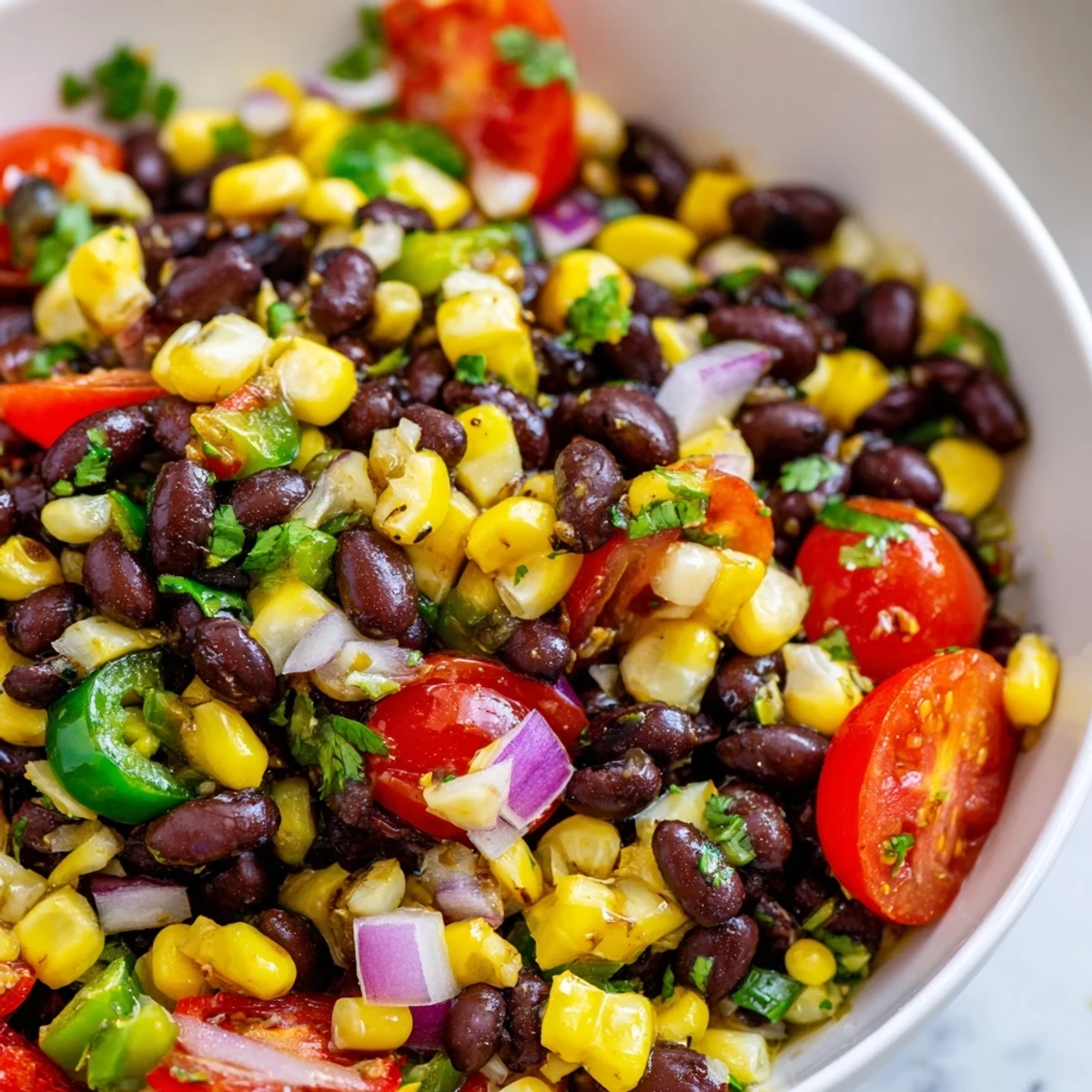 Vibrant Cowboy Caviar glistening with zesty lime dressing, studded with corn and peppers