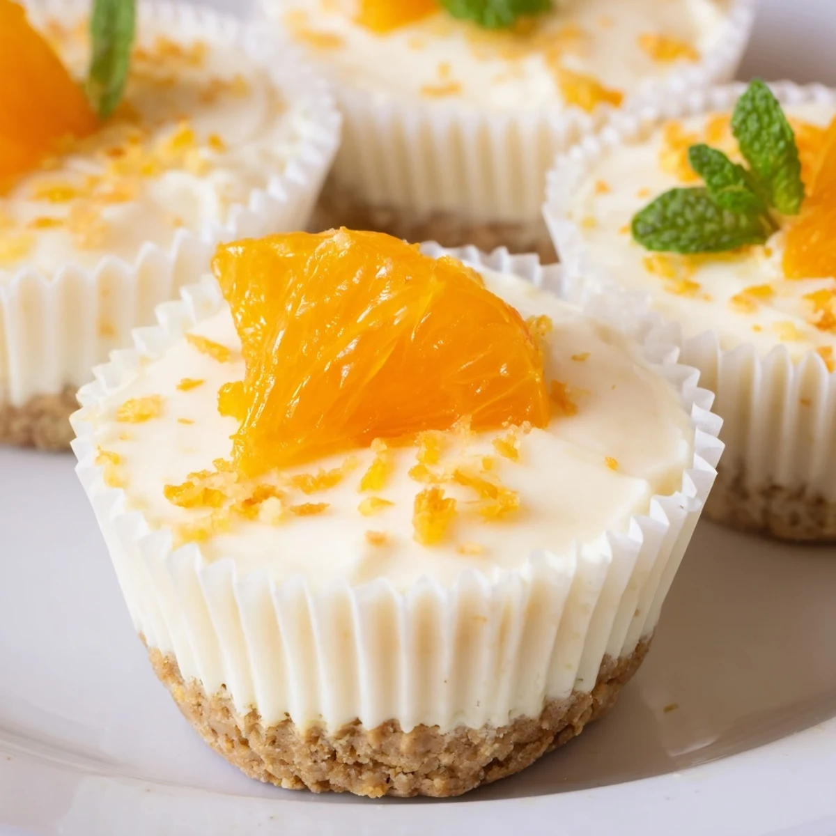 Creamy mini no bake orange cheesecakes topped with fresh orange segments and mint