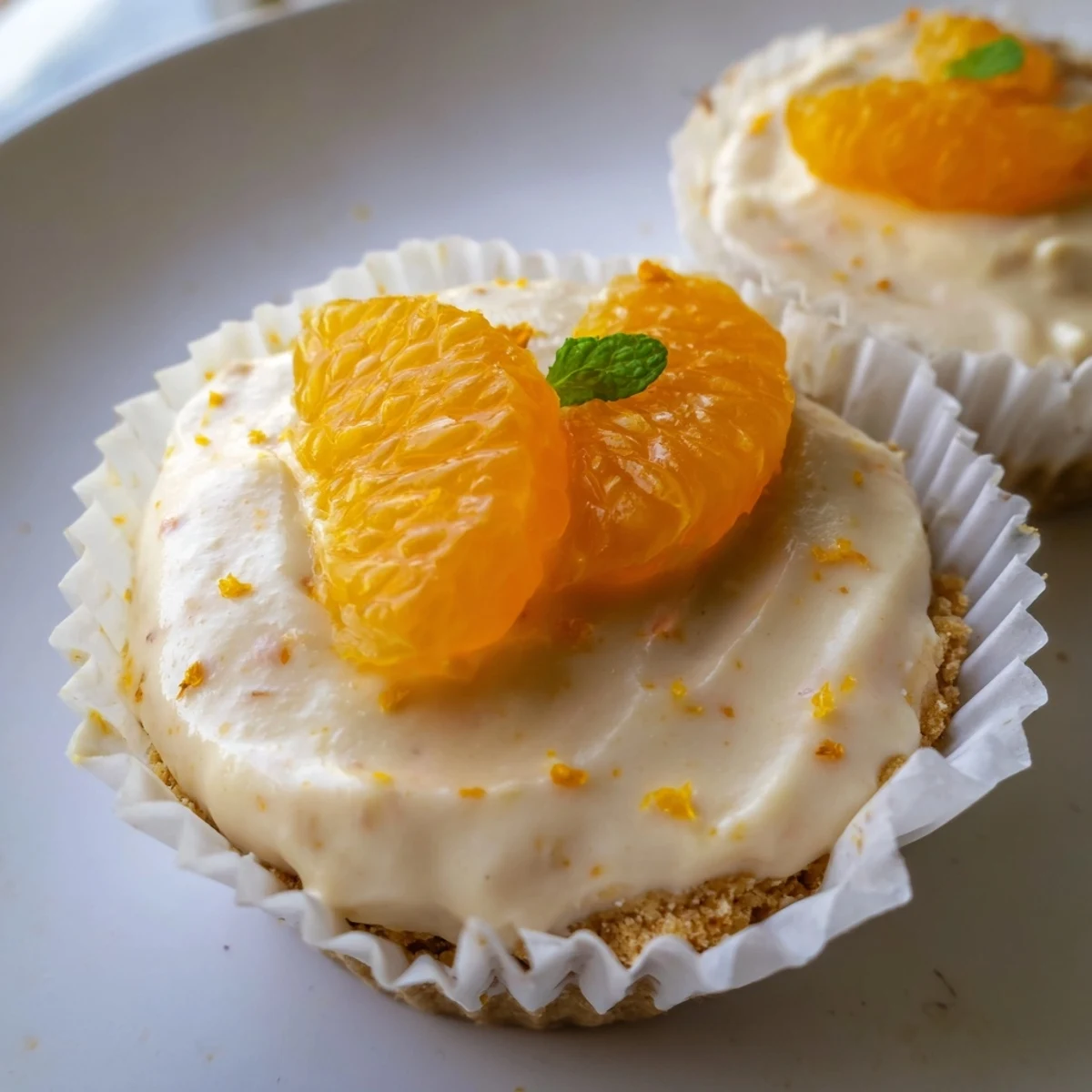 Golden graham cracker crusts filled with smooth mini no bake orange cheesecakes