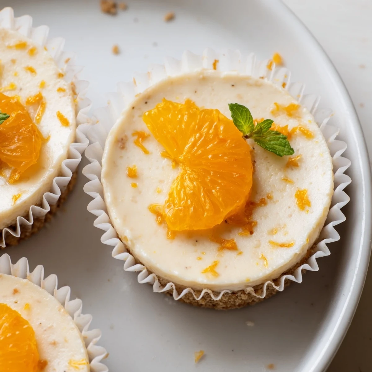 Zesty mini no bake orange cheesecakes piped high in paper muffin liners