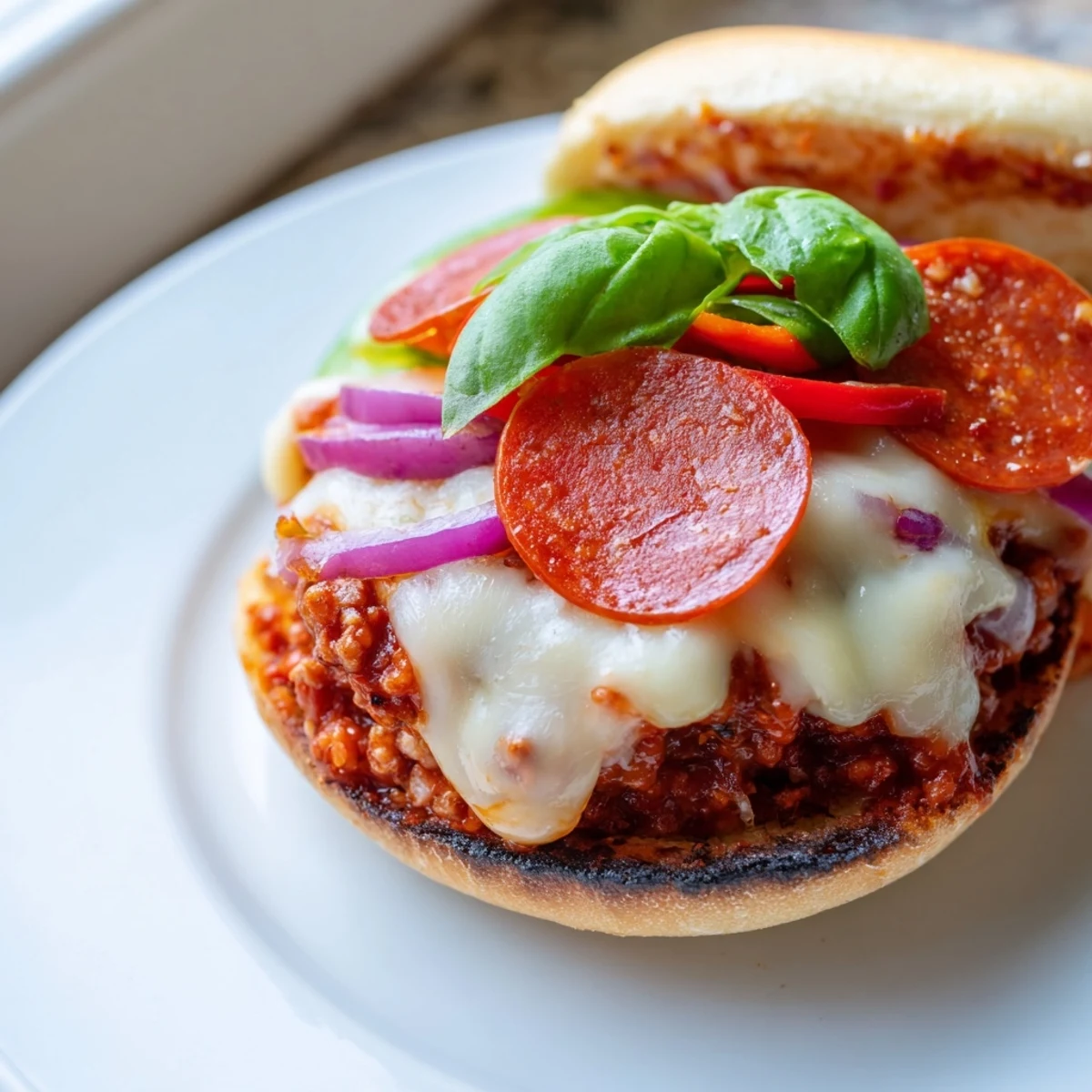 Melted mozzarella and pepperoni top these juicy pizza burgers on toasted buns