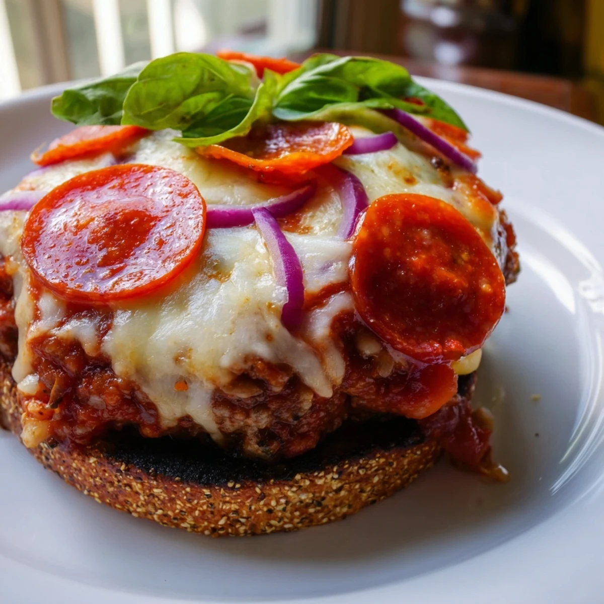 Crispy bell peppers and onion garnish a saucy pizza burgers patty beautifully
