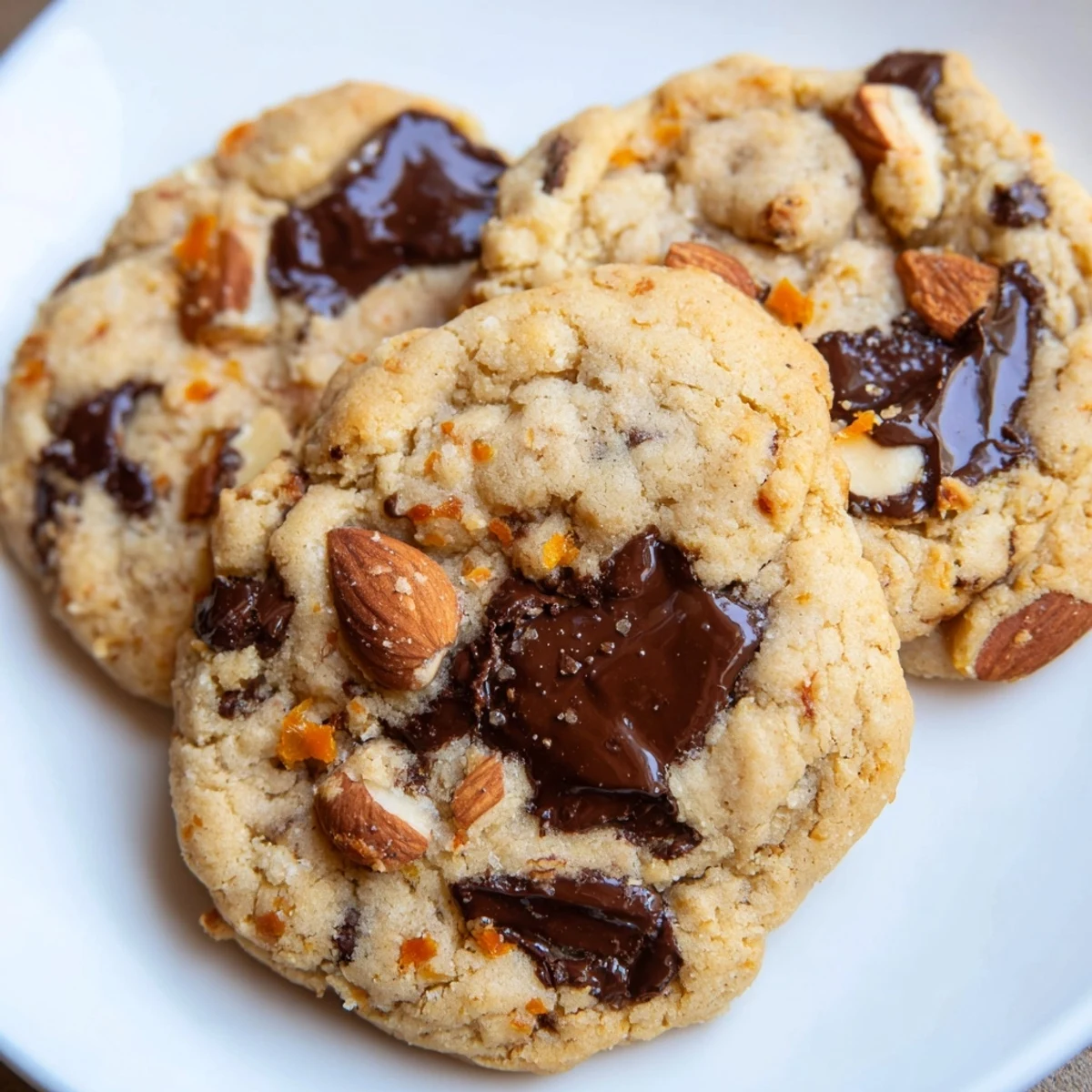 Golden orange almond chocolate chunk cookies with melting dark chocolate pools on rustic parchment