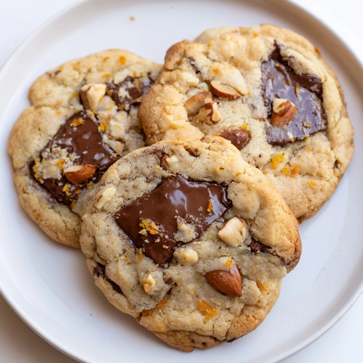Chewy orange almond chocolate chunk cookies studded with glossy chunks fresh from oven