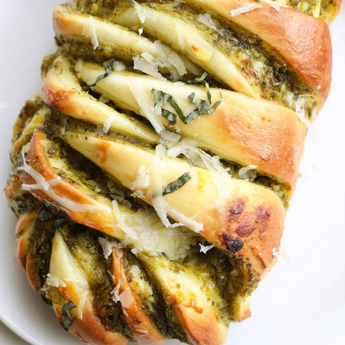 Golden braided pesto bread with bubbling mozzarella and parmesan fresh from the oven
