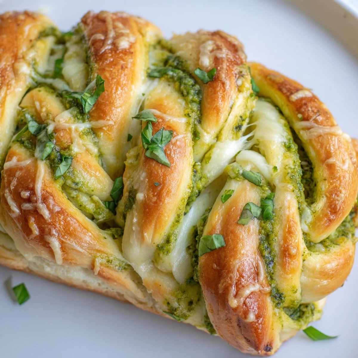 Warm cheesy braided pesto bread sliced open showing stretchy mozzarella and vibrant basil filling