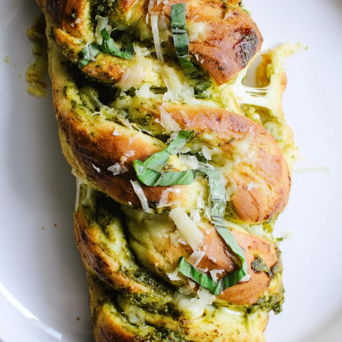 Cheesy braided pesto bread twisted into a gorgeous golden loaf with melted cheese