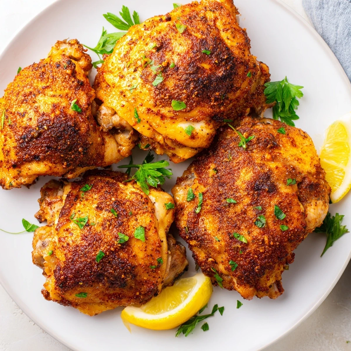 Crispy golden Old Bay chicken thighs roasted on a parchment-lined baking sheet with herbs