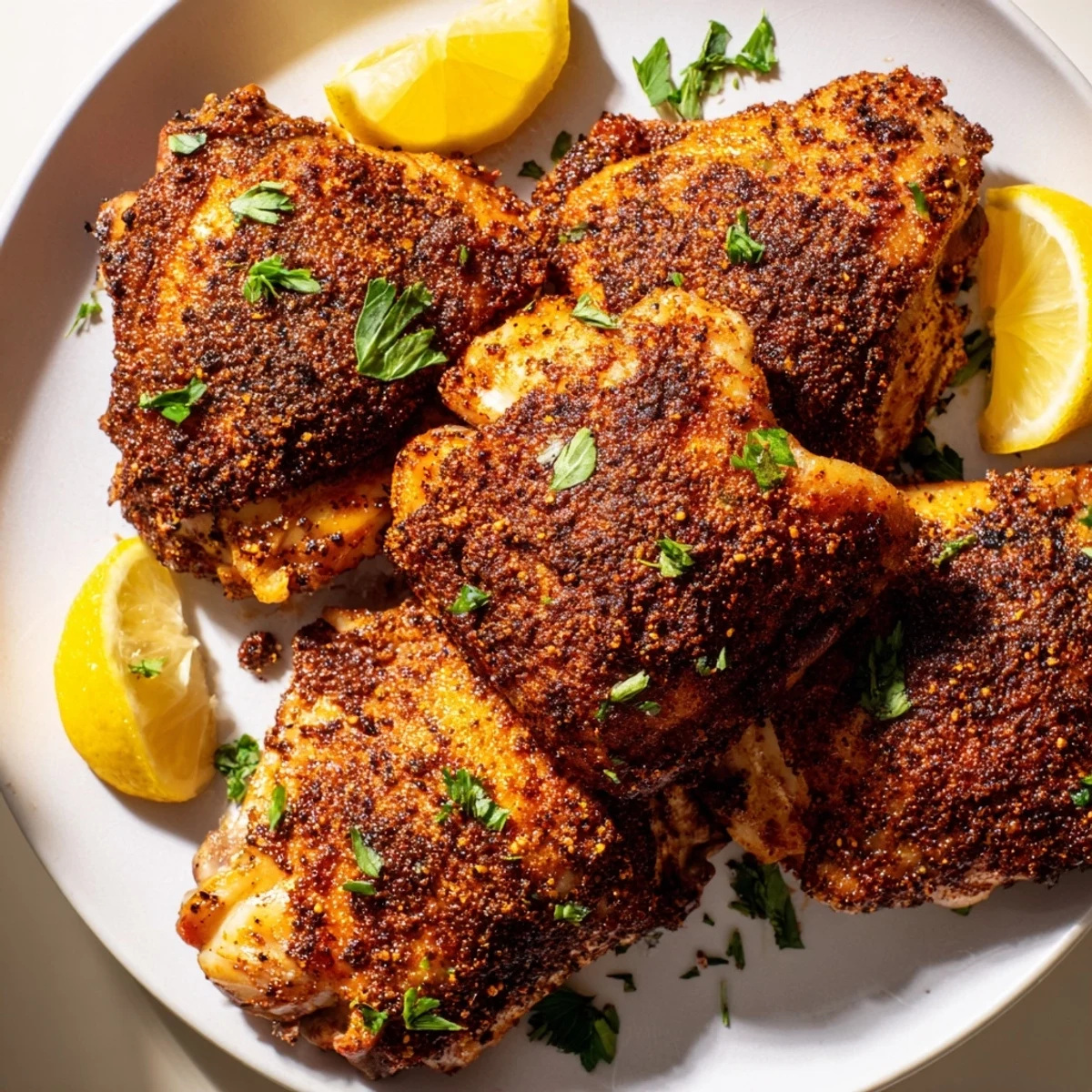 Juicy Old Bay chicken thighs with spice-crusted skin served alongside fresh lemon wedges