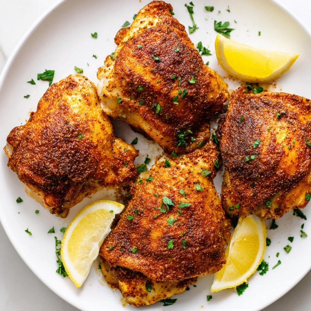 Sizzling Old Bay chicken thighs fresh from the oven garnished with chopped parsley
